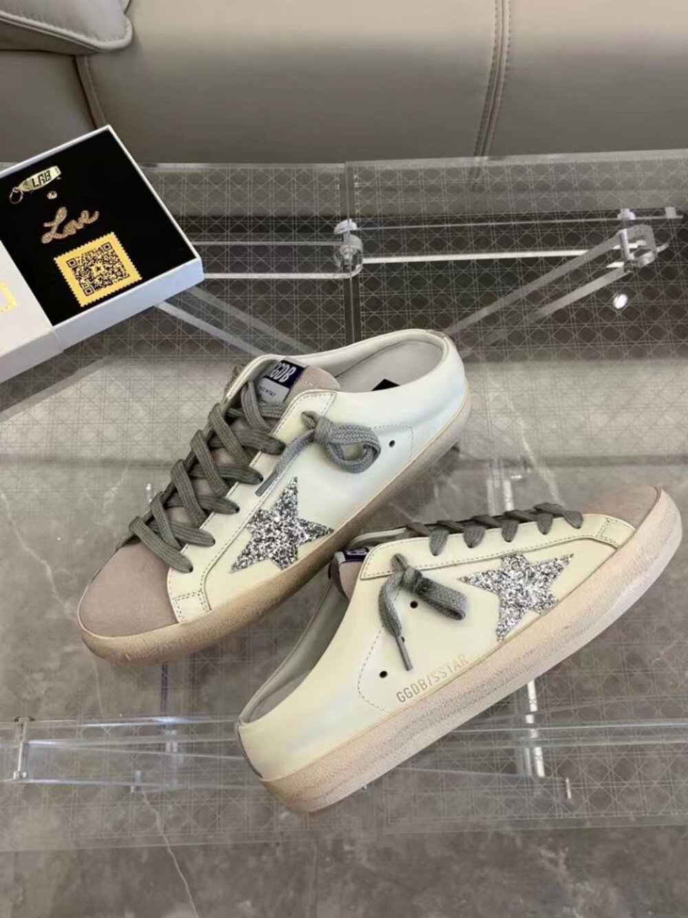 Golden Goose Super-Star sabot Women's Sneakers with Silver Glitter Star - Picture 3 of 5